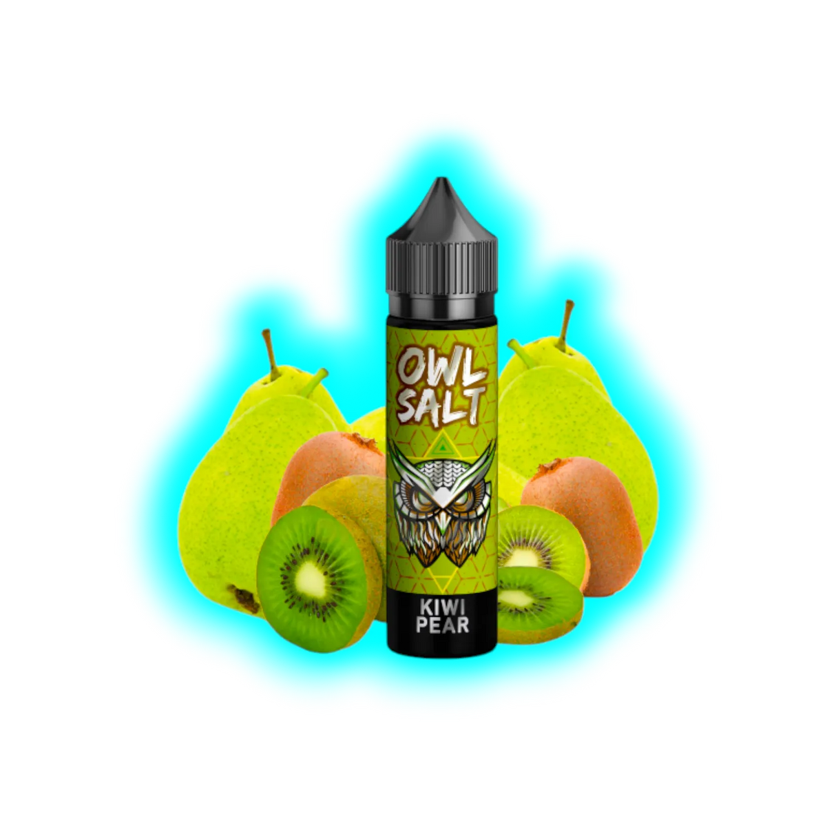 Flasche mit schwarzem Deckel und grünem Etikett mit Eulenmotiv und der Aufschrift 'OWL SALT KIWI PEAR' vor Kiwis und Birnen