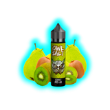 Flasche mit schwarzem Deckel und grünem Etikett mit Eulenmotiv und der Aufschrift 'OWL SALT KIWI PEAR' vor Kiwis und Birnen
