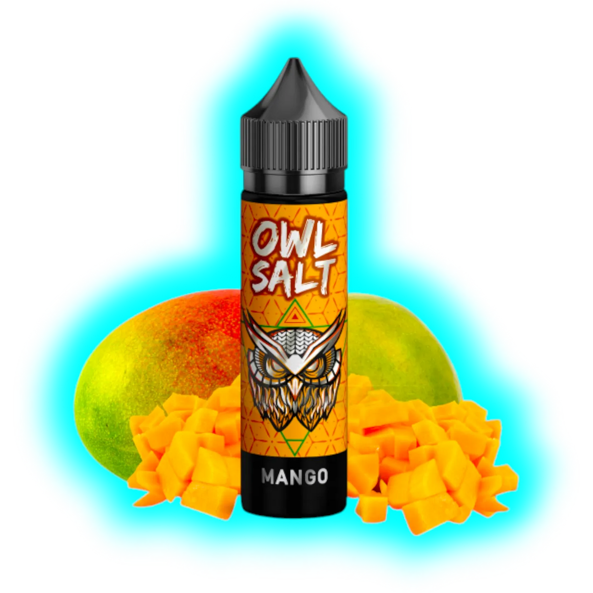 Flasche mit schwarzem Deckel und orangefarbenem Etikett mit Eulenmotiv und der Aufschrift 'OWL SALT MANGO' vor zwei Mangos und gewürfeltem Mangofruchtfleisch