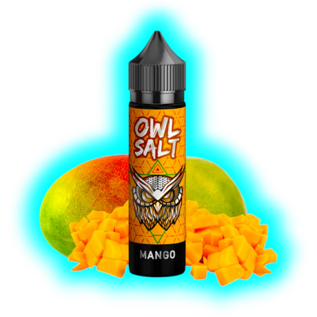 Flasche mit schwarzem Deckel und orangefarbenem Etikett mit Eulenmotiv und der Aufschrift 'OWL SALT MANGO' vor zwei Mangos und gewürfeltem Mangofruchtfleisch