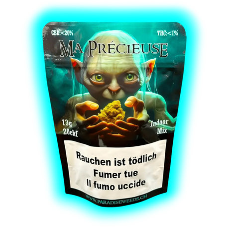 „Nahaufnahme: Ma Précieuse Label mit Gehaltswerten, Gewicht und Preisangabe neben gesetzlichen Warntexten (DE/FR/IT).“