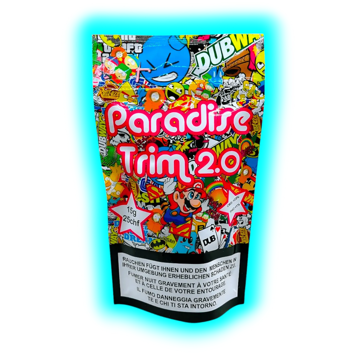 Bunte ‚Paradise Trim 2.0‘ Packung im Graffiti- und Comic-Stil mit mehrsprachigen Warnhinweisen zu Gesundheitsrisiken.