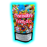 Bunte ‚Paradise Trim 2.0‘ Packung im Graffiti- und Comic-Stil mit mehrsprachigen Warnhinweisen zu Gesundheitsrisiken.