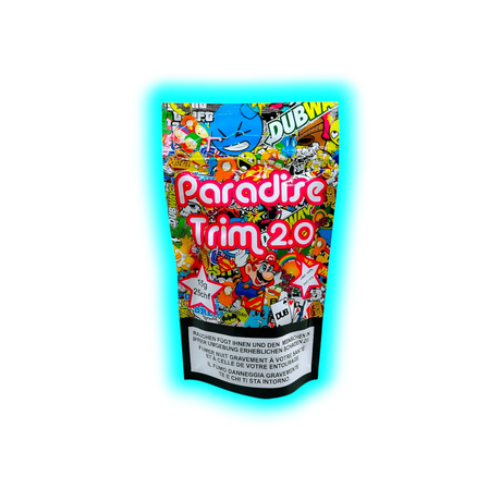 Bunte Verpackung mit Comic- und Graffiti-Motiven und der Aufschrift 'Paradise Trim 2.0' sowie Warnhinweis in mehreren Sprachen