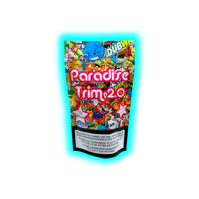 Bunte Verpackung mit Comic- und Graffiti-Motiven und der Aufschrift 'Paradise Trim 2.0' sowie Warnhinweis in mehreren Sprachen