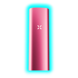 Schlankes, zylindrisches Gerät in Pink mit einem leuchtenden X-Symbol in der Mitte
