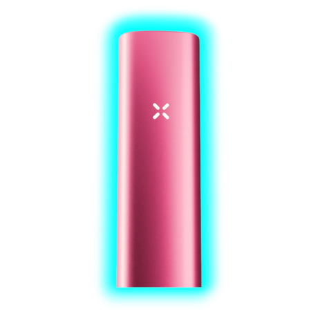Schlankes, zylindrisches Gerät in Pink mit einem leuchtenden X-Symbol in der Mitte