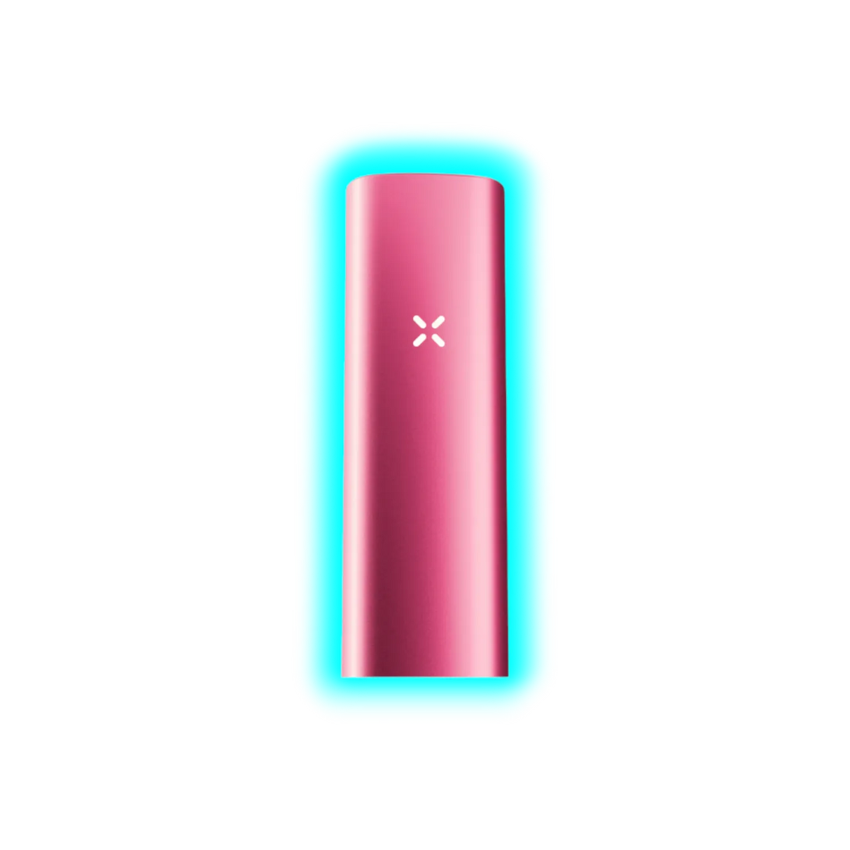 Schlankes, zylindrisches Gerät in Pink mit einem leuchtenden X-Symbol in der Mitte