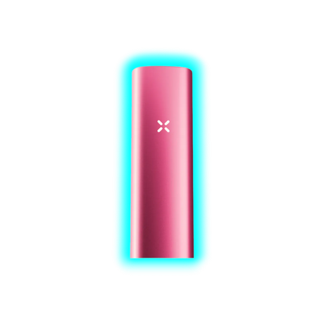 Schlankes, zylindrisches Gerät in Pink mit einem leuchtenden X-Symbol in der Mitte