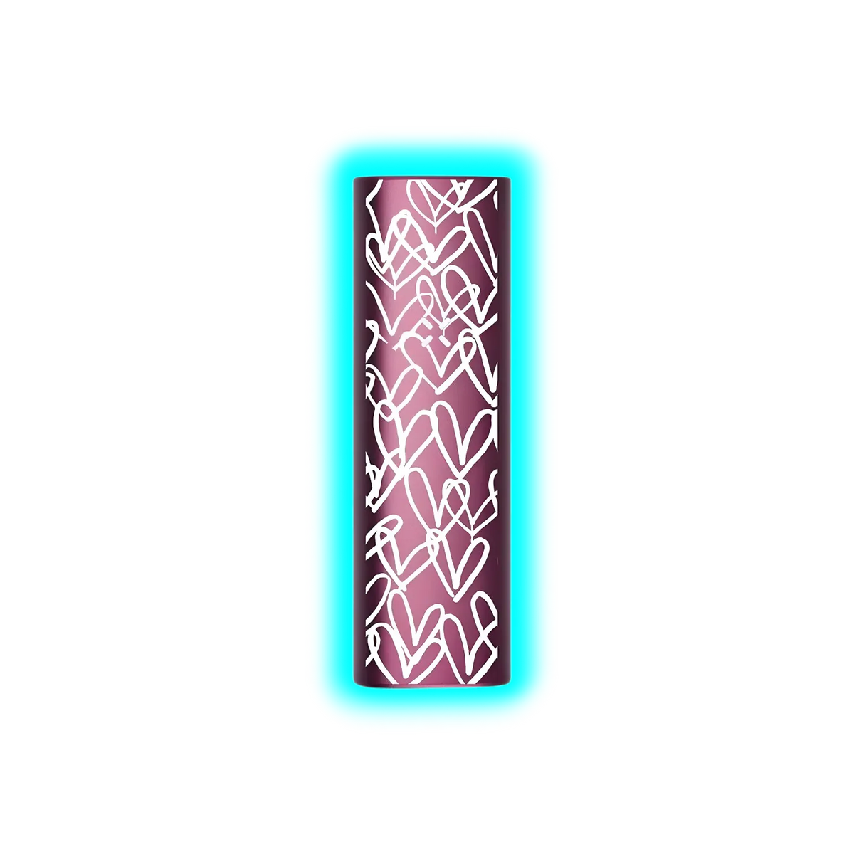 Zylindrische Duftkerze in dunklem Violett mit weißem, abstraktem Herzmuster