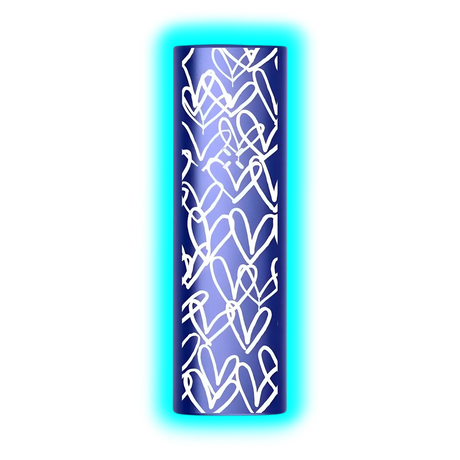 Zylindrischer Vaporizer mit blauem Gehäuse und weißem ineinander verschlungenem Herzmuster