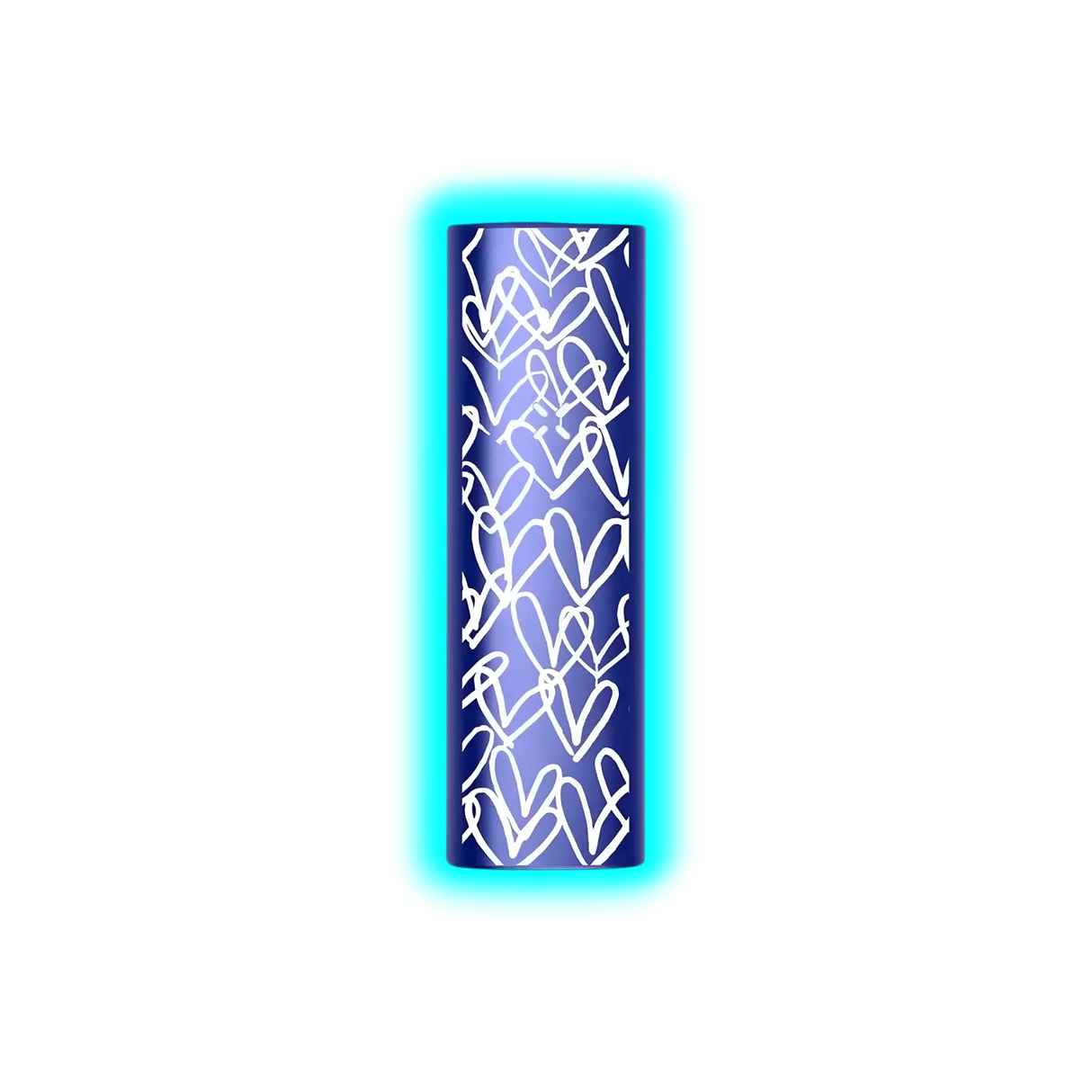 Zylindrischer Vaporizer mit blauem Gehäuse und weißem, ineinander verschlungenem Herzmuster