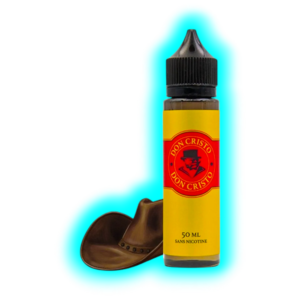 Flasche mit schwarzem Verschluss und gelbem Etikett mit rotem Logo und Text neben braunem Cowboyhut