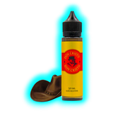 Flasche mit schwarzem Verschluss und gelbem Etikett mit rotem Logo und Text neben braunem Cowboyhut