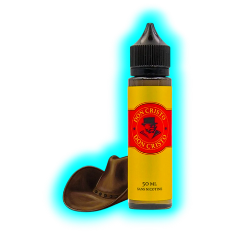 Flasche mit schwarzem Verschluss und gelbem Etikett mit rotem Logo und Text neben braunem Cowboyhut