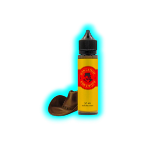 Flasche mit schwarzem Verschluss und gelbem Etikett mit rotem Logo und Text neben braunem Cowboyhut