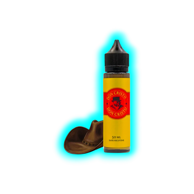Flasche mit schwarzem Verschluss und gelbem Etikett mit rotem Logo und Text neben braunem Cowboyhut