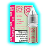Flasche und Verpackung von Pod Salt Nexus Fresh Raspberry Mojito Nikotinsalz mit Warnhinweis