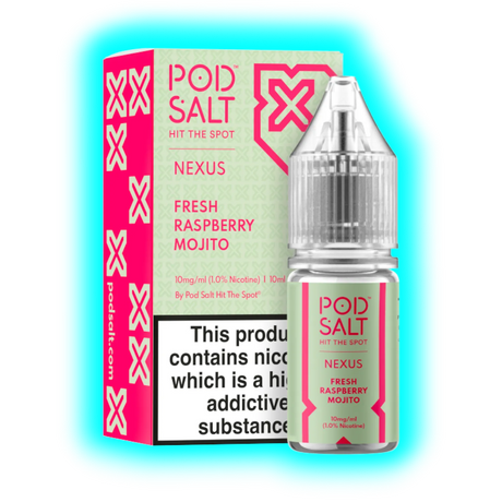 Flasche und Verpackung von Pod Salt Nexus Fresh Raspberry Mojito Nikotinsalz mit Warnhinweis