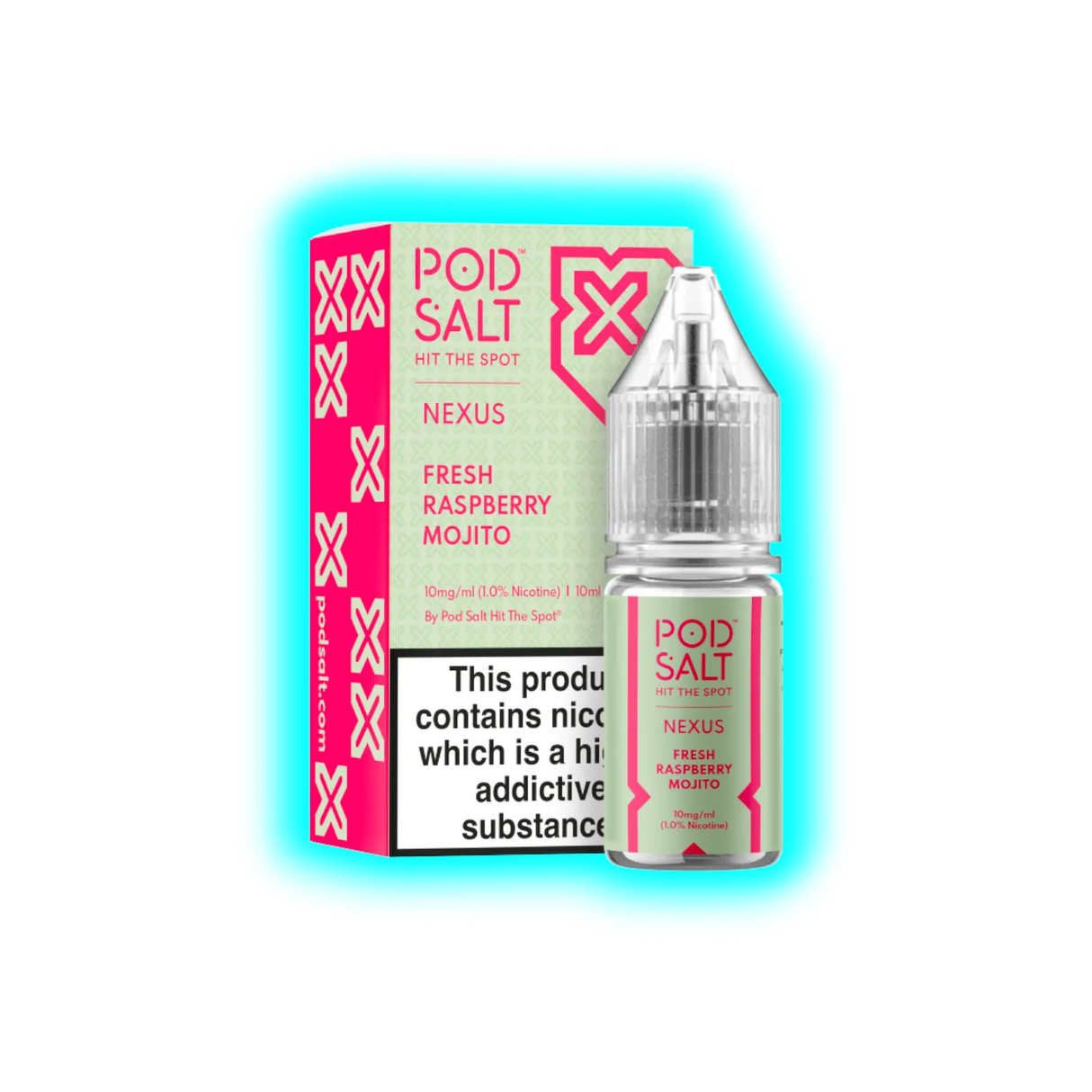 Flasche und Verpackung von Pod Salt Nexus Fresh Raspberry Mojito Nikotinsalz mit Warnhinweis