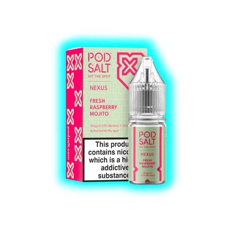 Flasche und Verpackung von Pod Salt Nexus Fresh Raspberry Mojito Nikotinsalz mit Warnhinweis