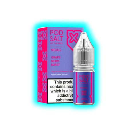 Flasche und Verpackung von Pod Salt Nexus Grape Berry Burst mit Warnhinweis zu Nikotin