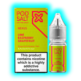 Flasche und Verpackung von Pod Salt Nexus mit Geschmack Lime Raspberry Grapefruit und 10 mg/ml Nikotin