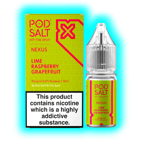 Flasche und Verpackung von Pod Salt Nexus mit Geschmack Lime Raspberry Grapefruit und 10 mg/ml Nikotin