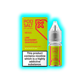 Flasche und Verpackung von Pod Salt Nexus mit Geschmack Lime Raspberry Grapefruit und 10 mg/ml Nikotin