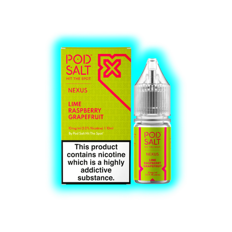 Flasche und Verpackung von Pod Salt Nexus mit Geschmack Lime Raspberry Grapefruit und 10 mg/ml Nikotin