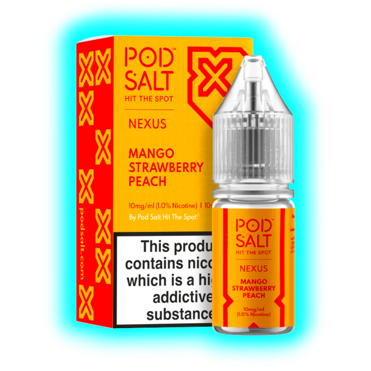 Verpackung und Flasche eines Pod Salt Nexus E-Liquids mit Mango-, Erdbeer- und Pfirsichgeschmack
