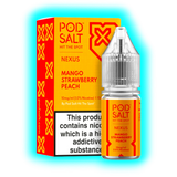 Verpackung und Flasche eines Pod Salt Nexus E-Liquids mit Mango-, Erdbeer- und Pfirsichgeschmack