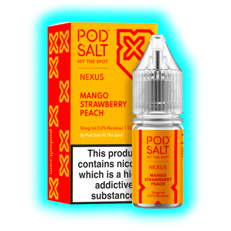 Verpackung und Flasche eines Pod Salt Nexus E-Liquids mit Mango-, Erdbeer- und Pfirsichgeschmack