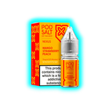 Verpackung und Flasche eines Pod Salt Nexus E-Liquids mit Mango-, Erdbeer- und Pfirsichgeschmack