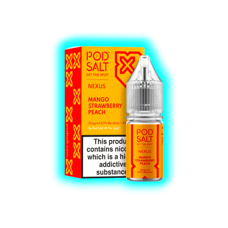 Verpackung und Flasche eines Pod Salt Nexus E-Liquids mit Mango-, Erdbeer- und Pfirsichgeschmack