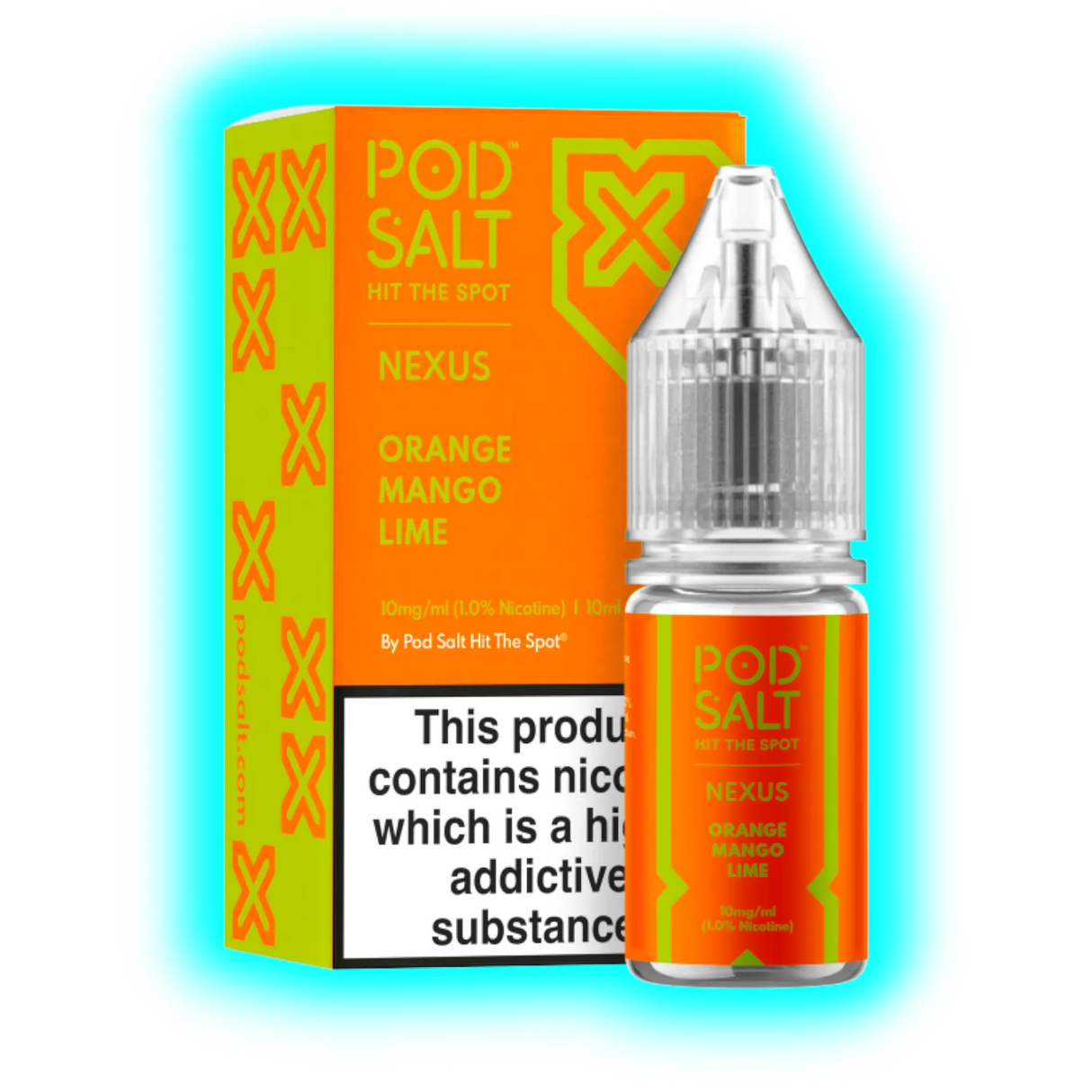 Flasche und Verpackung von Pod Salt Nexus mit Orange-Mango-Limetten-Geschmack und Warnhinweis zu Nikotin