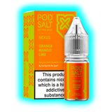 Flasche und Verpackung von Pod Salt Nexus mit Orange-Mango-Limetten-Geschmack und Warnhinweis zu Nikotin