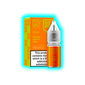 Flasche und Verpackung von Pod Salt Nexus mit Orange-Mango-Limetten-Geschmack und Warnhinweis zu Nikotin
