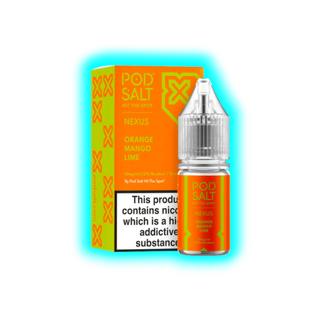Flasche und Verpackung von Pod Salt Nexus mit Orange-Mango-Limetten-Geschmack und Warnhinweis zu Nikotin