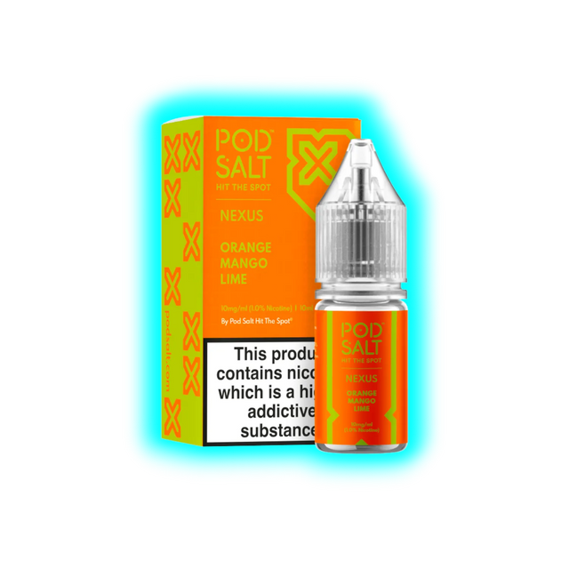 Flasche und Verpackung von Pod Salt Nexus mit Orange-Mango-Limetten-Geschmack und Warnhinweis zu Nikotin