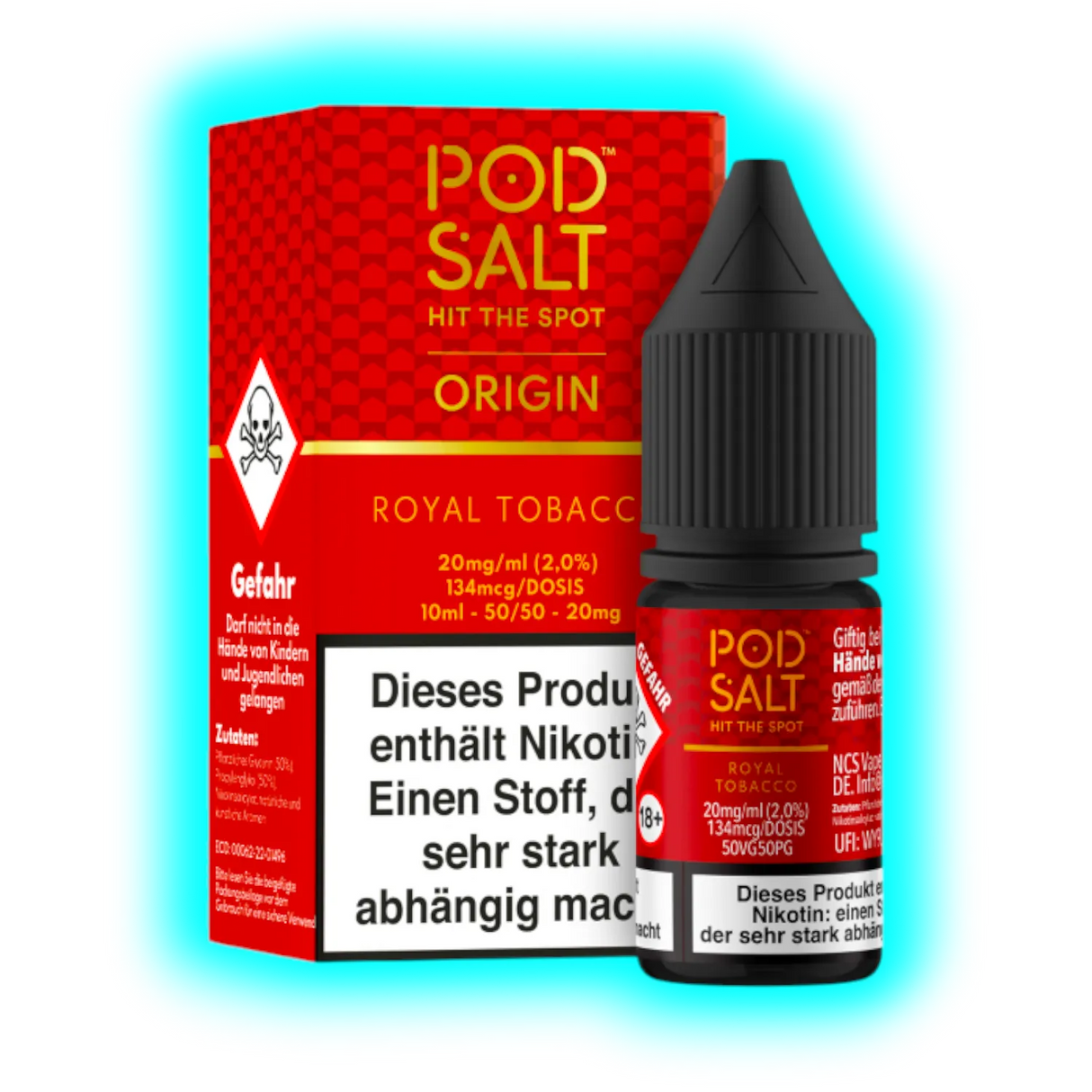 Flasche und Verpackung von POD SALT Origin Royal Tobacco Nikotinsalz mit Warnhinweisen und rotem Design