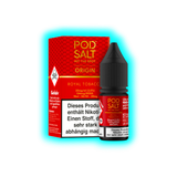 Flasche und Verpackung von POD SALT Origin Royal Tobacco Nikotinsalz mit Warnhinweisen und rotem Design