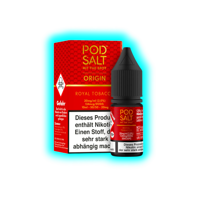 Flasche und Verpackung von POD SALT Origin Royal Tobacco Nikotinsalz mit Warnhinweisen und rotem Design