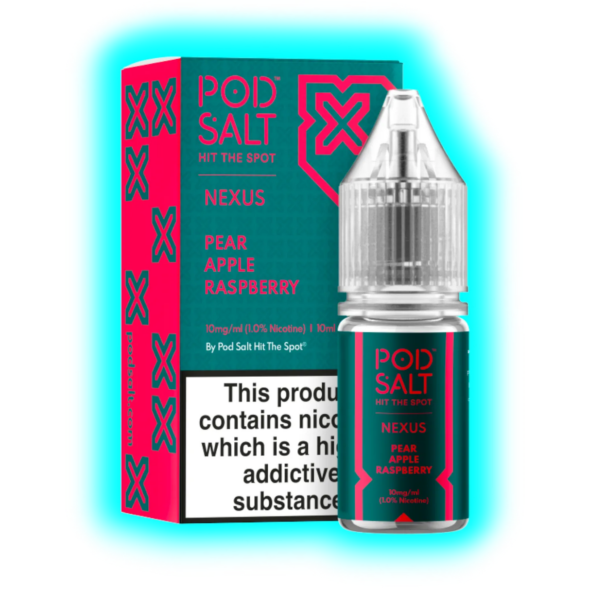Flasche und Verpackung von Pod Salt Nexus Nikotinsalz mit den Geschmacksrichtungen Birne, Apfel und Himbeere