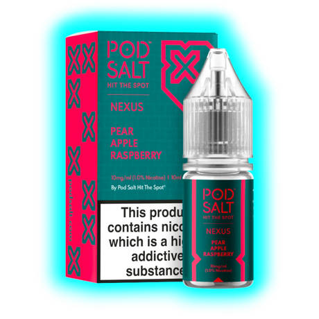 Flasche und Verpackung von Pod Salt Nexus Nikotinsalz mit den Geschmacksrichtungen Birne, Apfel und Himbeere