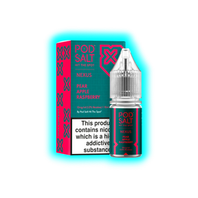 Flasche und Verpackung von Pod Salt Nexus Nikotinsalz mit den Geschmacksrichtungen Birne, Apfel und Himbeere