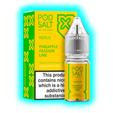Gelb-grüne Verpackung und Flasche mit Aufschrift 'POD SALT NEXUS PINEAPPLE PASSION LIME' und Warnhinweis zu Nikotin