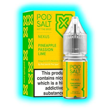 Gelb-grüne Verpackung und Flasche mit Aufschrift 'POD SALT NEXUS PINEAPPLE PASSION LIME' und Warnhinweis zu Nikotin