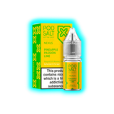 Gelb-grüne Verpackung und Flasche mit Aufschrift 'POD SALT NEXUS PINEAPPLE PASSION LIME' und Warnhinweis zu Nikotin