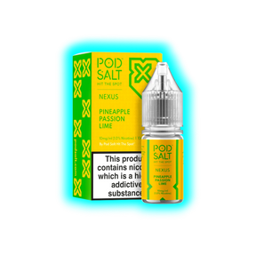 Gelb-grüne Verpackung und Flasche mit Aufschrift 'POD SALT NEXUS PINEAPPLE PASSION LIME' und Warnhinweis zu Nikotin